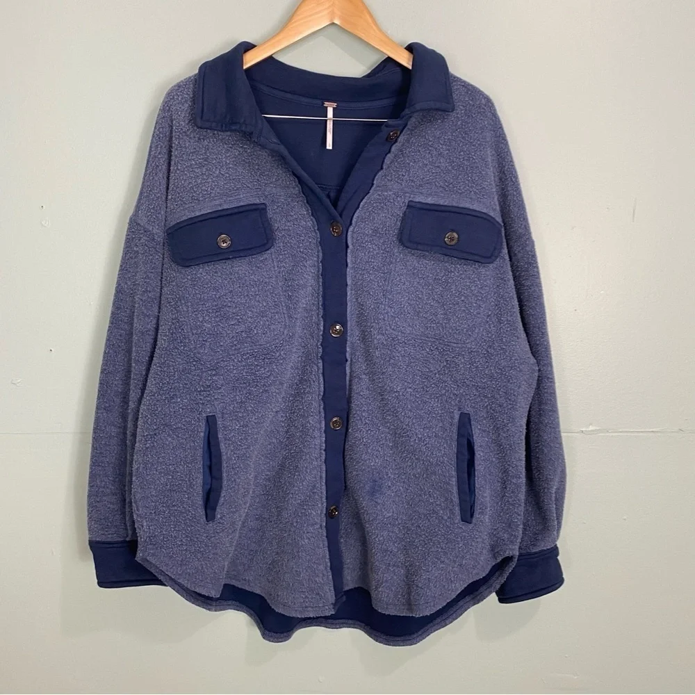 Free People Ruby Jacket Blue‎ Button Up Shacket Sz L